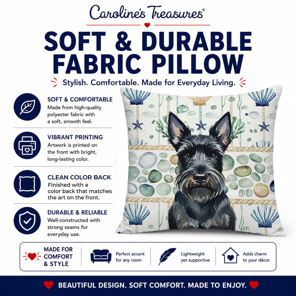 Scottish Terrier Coastal Sea Glass Decorative Throw Pillow 18x18 Indoor Outdoor Accent Cushion, Fabric Cover with Insert for Sofa, Bed, Porch & Living Room