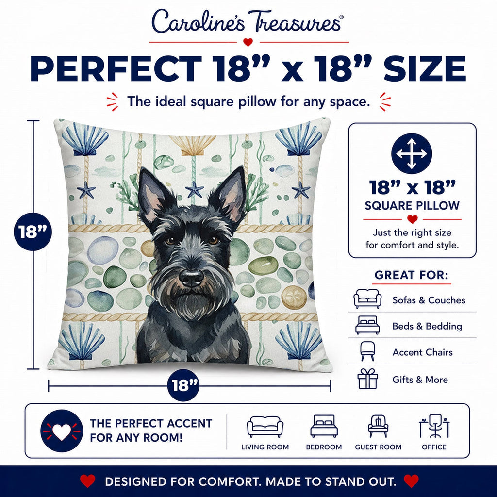 Scottish Terrier Coastal Sea Glass Decorative Throw Pillow 18x18 Indoor Outdoor Accent Cushion, Fabric Cover with Insert for Sofa, Bed, Porch & Living Room