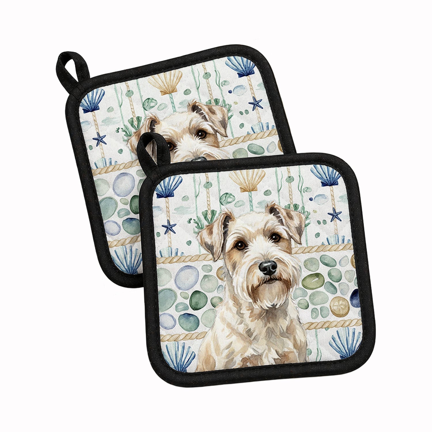 Sealyham Terrier Coastal Sea Glass Pot Holder Set of 2 Heat Resistant Quilted Hot Pads 7.5 x 7.5 Inch, Insulated Kitchen Trivets for Cooking & Baking