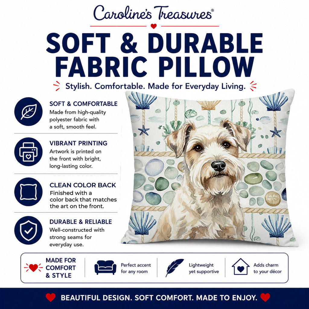 Sealyham Terrier Coastal Sea Glass Decorative Throw Pillow 14x14 Indoor Outdoor Accent Cushion, Fabric Cover with Insert for Sofa, Bed, Porch & Living Room