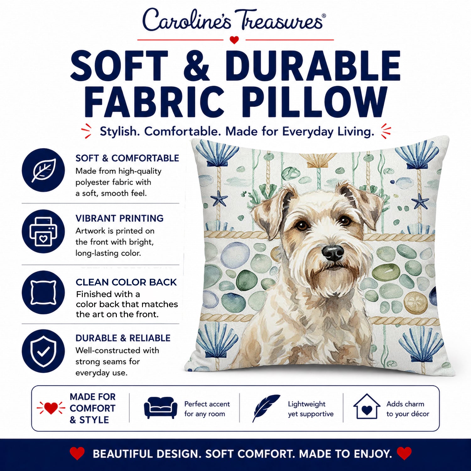 Sealyham Terrier Coastal Sea Glass Decorative Throw Pillow 14x14 Indoor Outdoor Accent Cushion, Fabric Cover with Insert for Sofa, Bed, Porch & Living Room