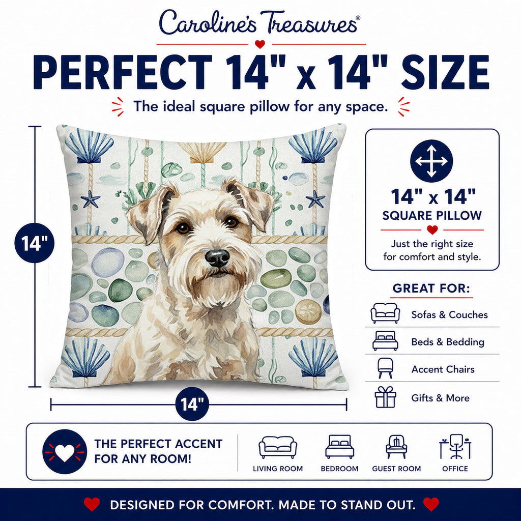 Sealyham Terrier Coastal Sea Glass Decorative Throw Pillow 14x14 Indoor Outdoor Accent Cushion, Fabric Cover with Insert for Sofa, Bed, Porch & Living Room