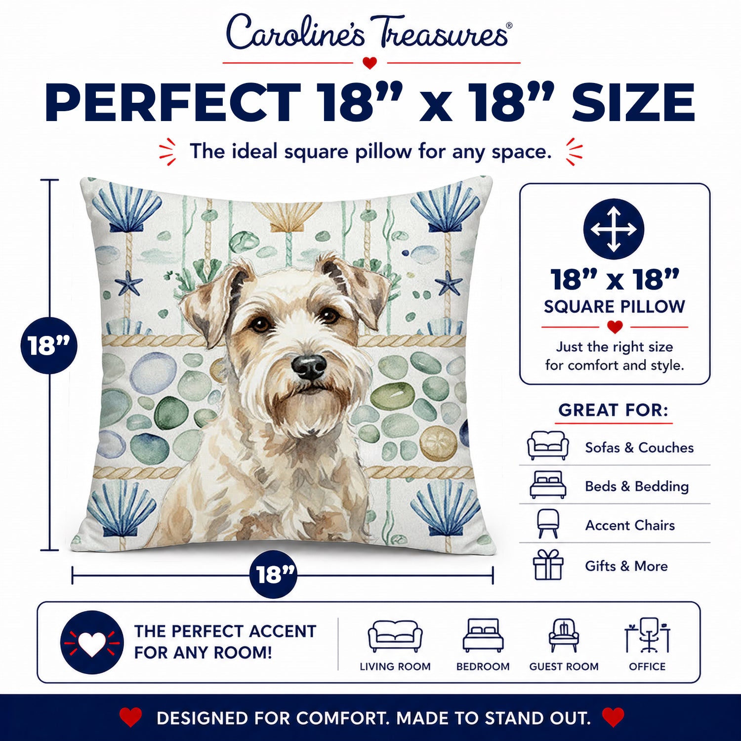 Sealyham Terrier Coastal Sea Glass Decorative Throw Pillow 18x18 Indoor Outdoor Accent Cushion, Fabric Cover with Insert for Sofa, Bed, Porch & Living Room
