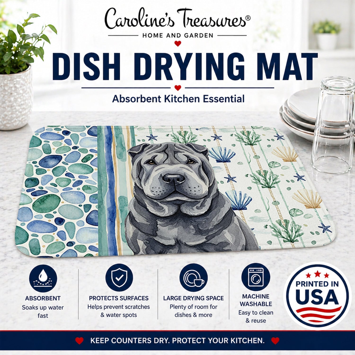 Black Shar Pei Coastal Sea Glass Dish Drying Mat Absorbent Dish Drying Mat Pad for Kitchen Counter Dish Drainer Mat for Countertop, 14 x 21", Multicolor