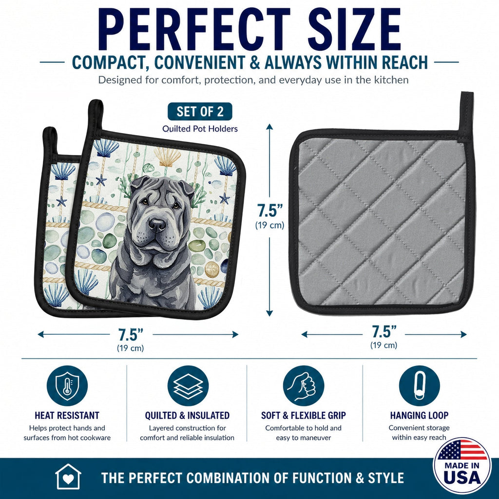 Black Shar Pei Coastal Sea Glass Pot Holder Set of 2 Heat Resistant Quilted Hot Pads 7.5 x 7.5 Inch, Insulated Kitchen Trivets for Cooking & Baking