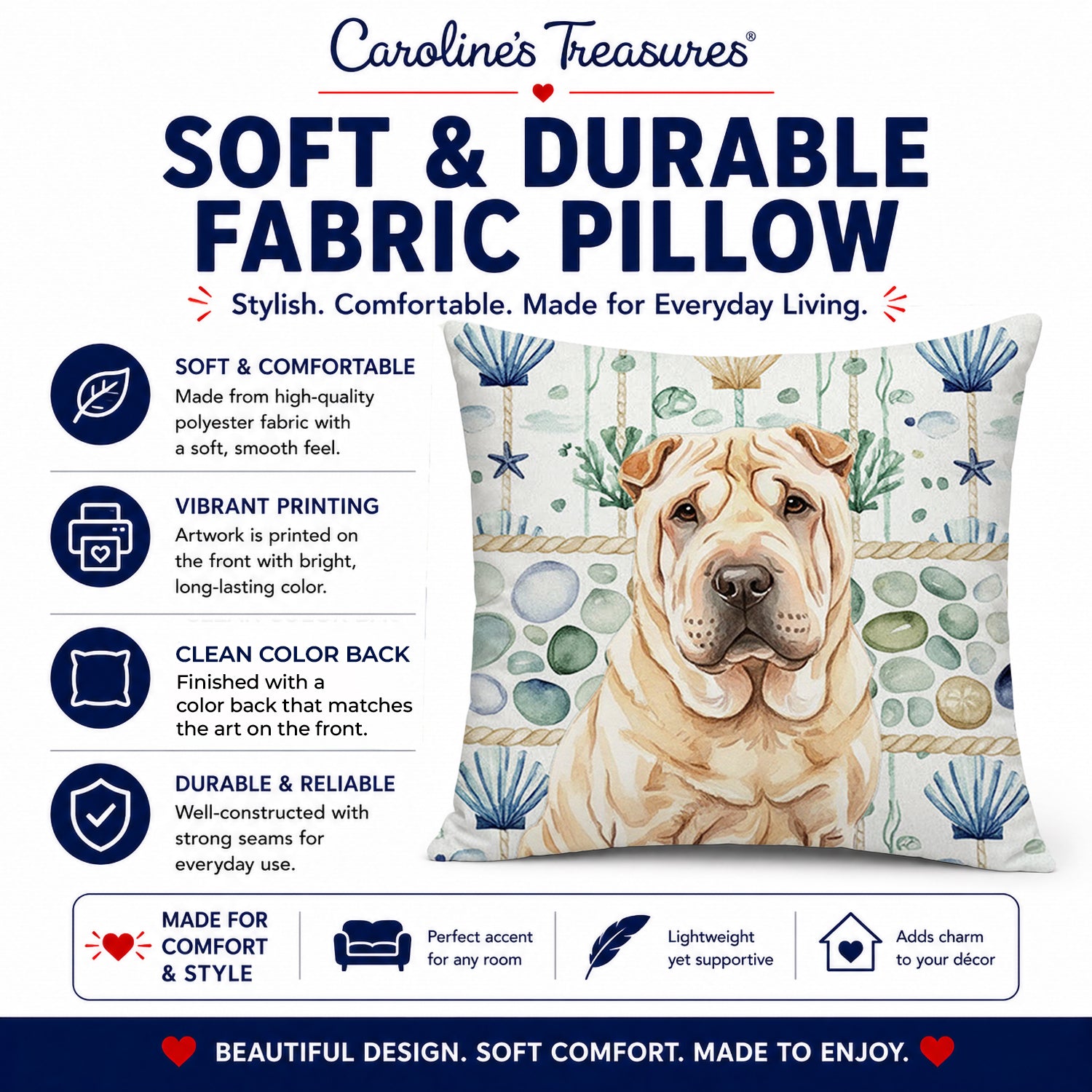 Shar Pei Coastal Sea Glass Decorative Throw Pillow 14x14 Indoor Outdoor Accent Cushion, Fabric Cover with Insert for Sofa, Bed, Porch & Living Room