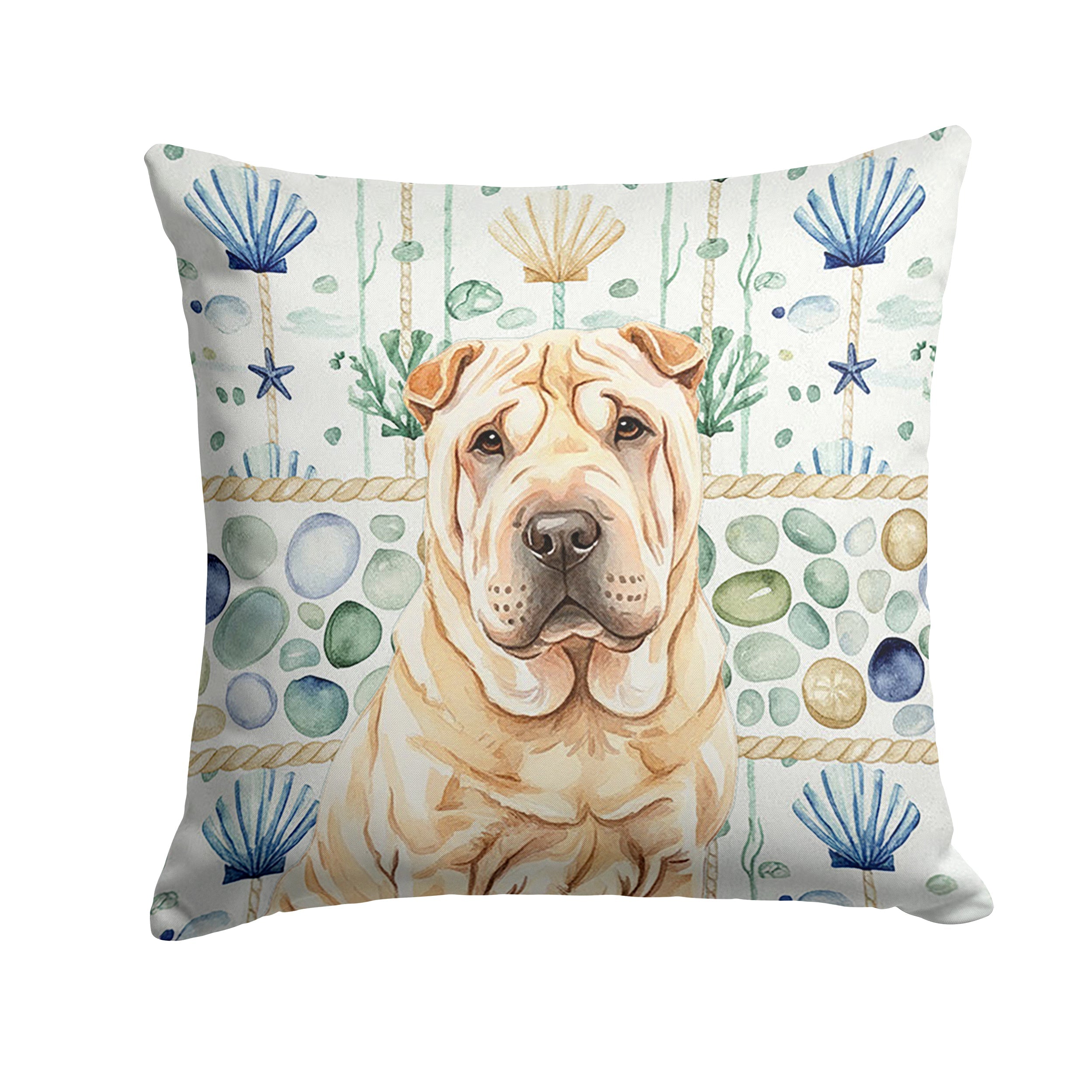 Shar Pei Coastal Sea Glass Decorative Throw Pillow 14x14 Indoor Outdoor Accent Cushion, Fabric Cover with Insert for Sofa, Bed, Porch & Living Room