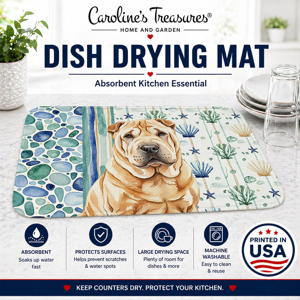 Red Shar Pei Coastal Sea Glass Dish Drying Mat Absorbent Dish Drying Mat Pad for Kitchen Counter Dish Drainer Mat for Countertop, 14 x 21", Multicolor