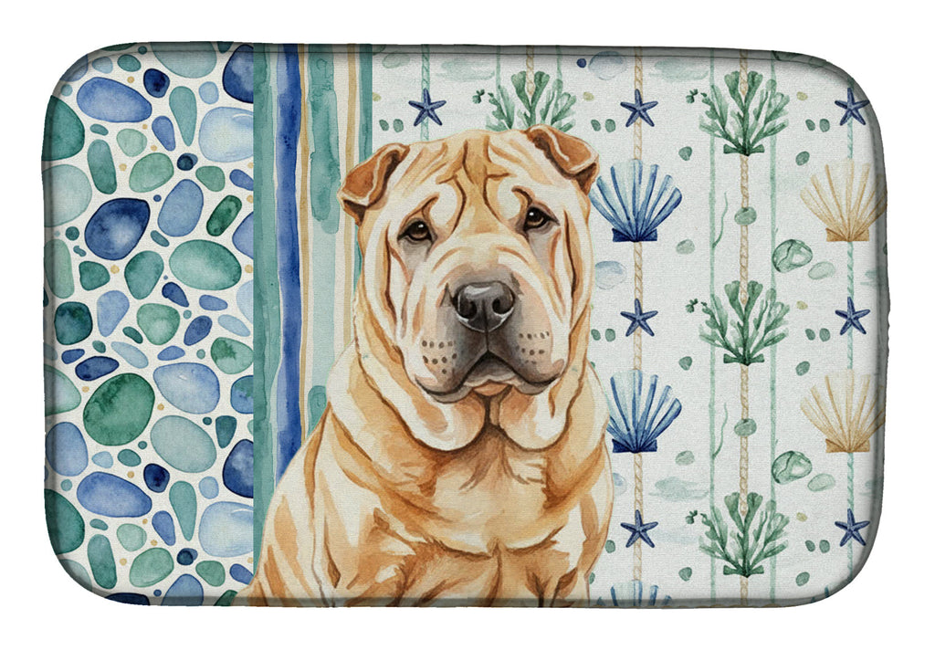 Red Shar Pei Coastal Sea Glass Dish Drying Mat Absorbent Dish Drying Mat Pad for Kitchen Counter Dish Drainer Mat for Countertop, 14 x 21", Multicolor