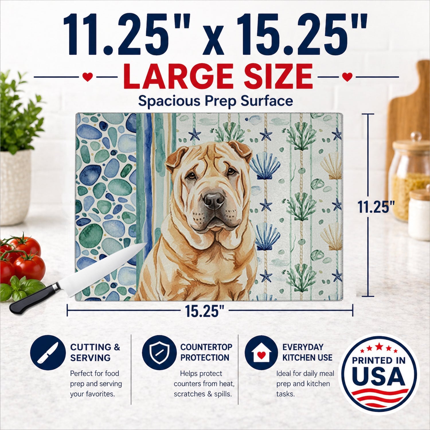 Red Shar Pei Coastal Sea Glass Cutting Board Tempered Glass Kitchen Cutting Surface, Heat Resistant Chopping, Non-Slip Feet, Food Prep & Serving