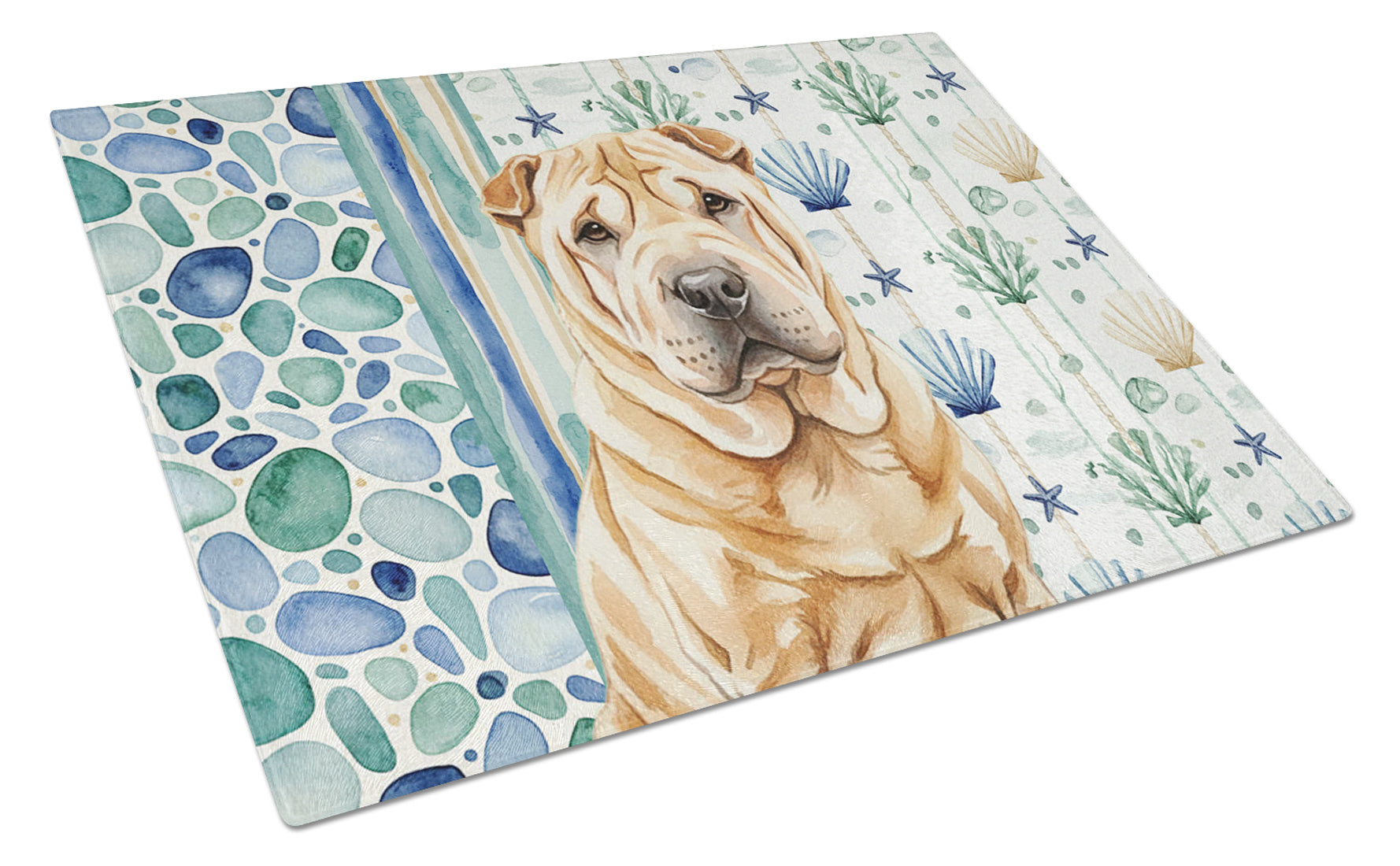 Red Shar Pei Coastal Sea Glass Cutting Board Tempered Glass Kitchen Cutting Surface, Heat Resistant Chopping, Non-Slip Feet, Food Prep & Serving