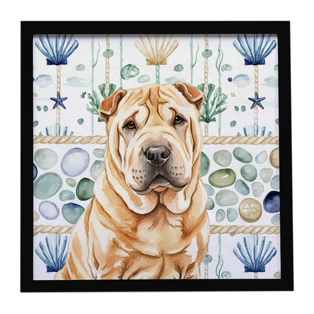 Red Shar Pei Coastal Sea Glass Framed Metal Print Bathroom, Kitchen, Office, Home Decor Wall Art Ready to Hang, Square, 8X8