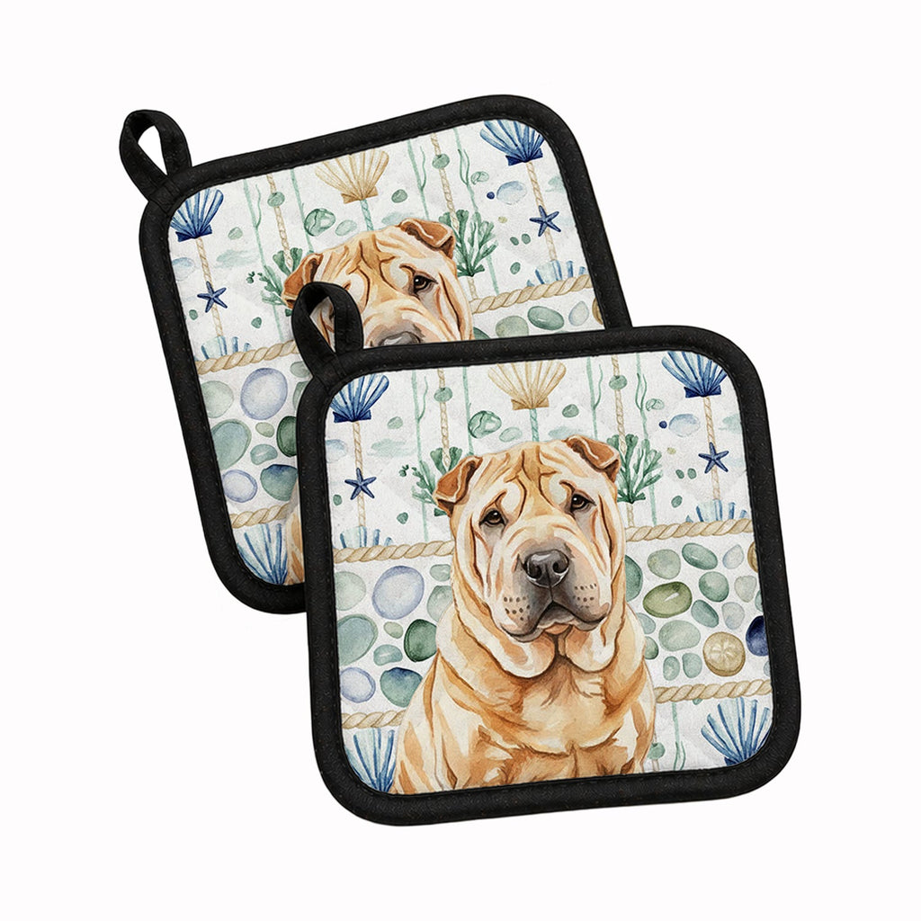 Red Shar Pei Coastal Sea Glass Pot Holder Set of 2 Heat Resistant Quilted Hot Pads 7.5 x 7.5 Inch, Insulated Kitchen Trivets for Cooking & Baking