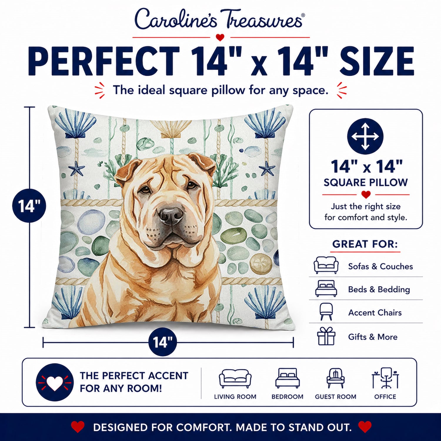 Red Shar Pei Coastal Sea Glass Decorative Throw Pillow 14x14 Indoor Outdoor Accent Cushion, Fabric Cover with Insert for Sofa, Bed, Porch & Living Room