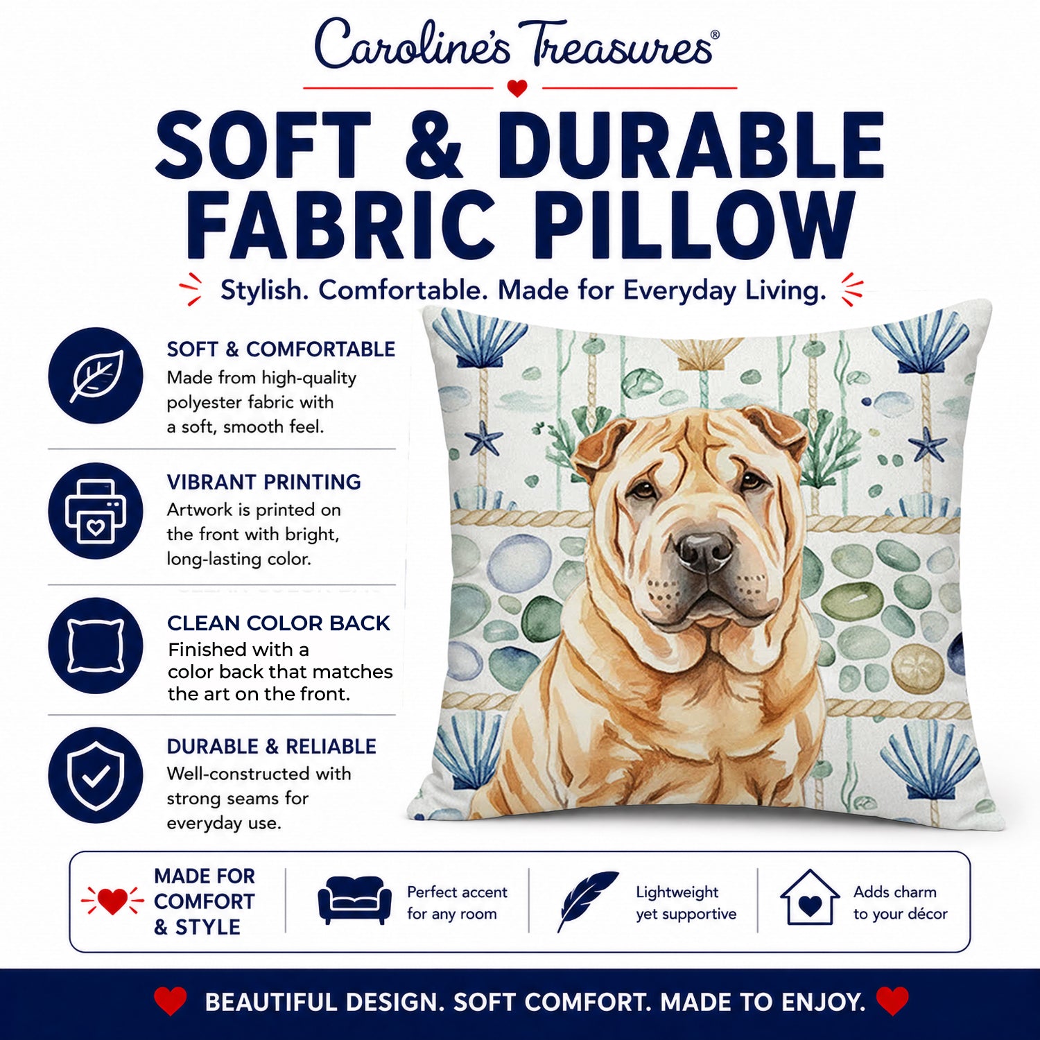 Red Shar Pei Coastal Sea Glass Decorative Throw Pillow 18x18 Indoor Outdoor Accent Cushion, Fabric Cover with Insert for Sofa, Bed, Porch & Living Room