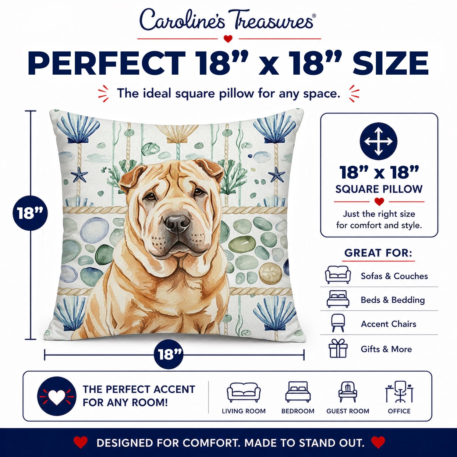 Red Shar Pei Coastal Sea Glass Decorative Throw Pillow 18x18 Indoor Outdoor Accent Cushion, Fabric Cover with Insert for Sofa, Bed, Porch & Living Room