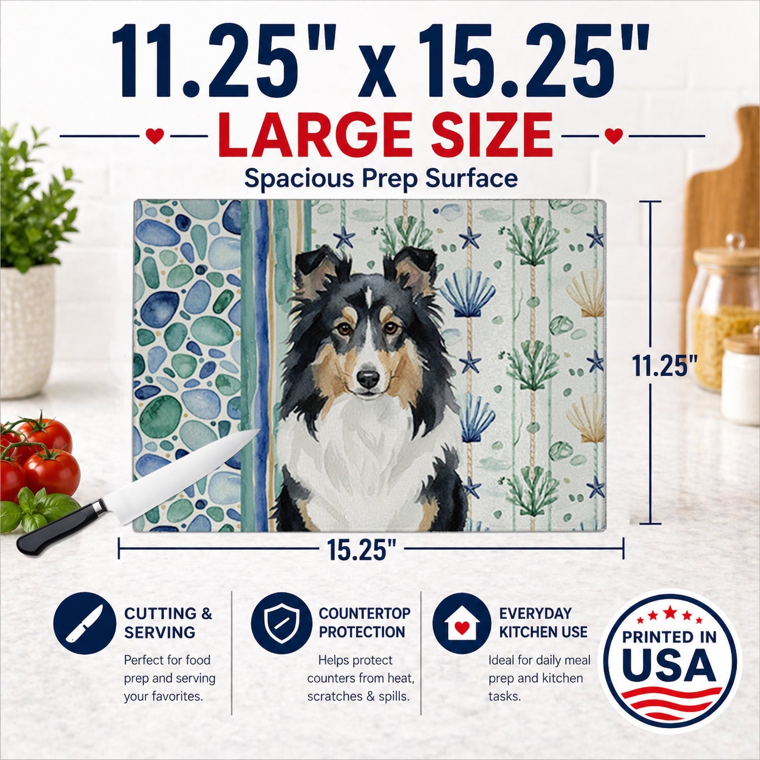 Tricolor Sheltie Coastal Sea Glass Cutting Board Tempered Glass Kitchen Cutting Surface, Heat Resistant Chopping, Non-Slip Feet, Food Prep & Serving