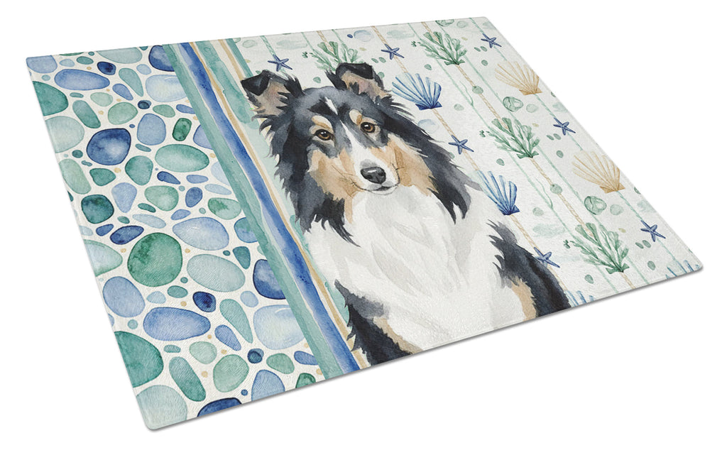 Tricolor Sheltie Coastal Sea Glass Cutting Board Tempered Glass Kitchen Cutting Surface, Heat Resistant Chopping, Non-Slip Feet, Food Prep & Serving