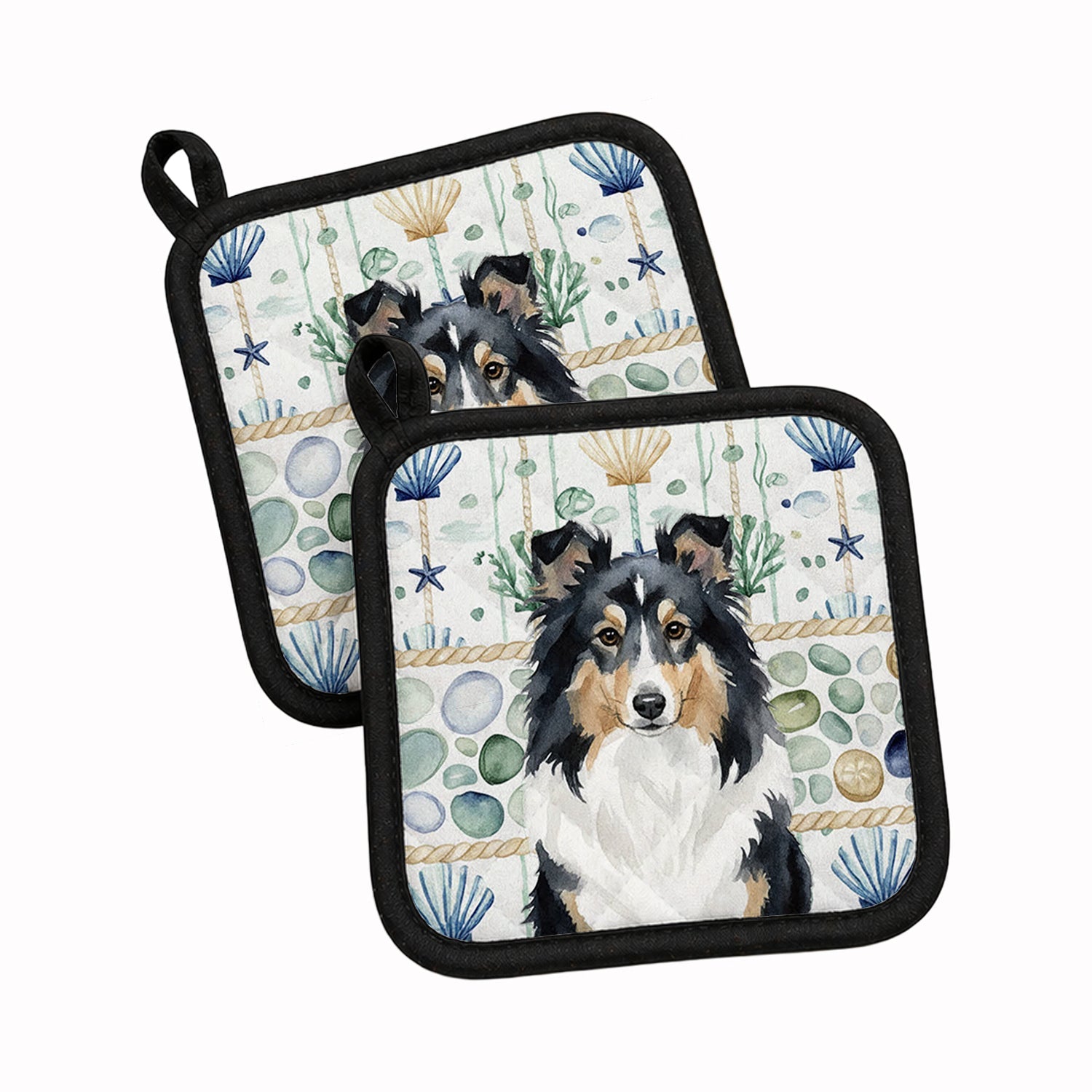Tricolor Sheltie Coastal Sea Glass Pot Holder Set of 2 Heat Resistant Quilted Hot Pads 7.5 x 7.5 Inch, Insulated Kitchen Trivets for Cooking & Baking