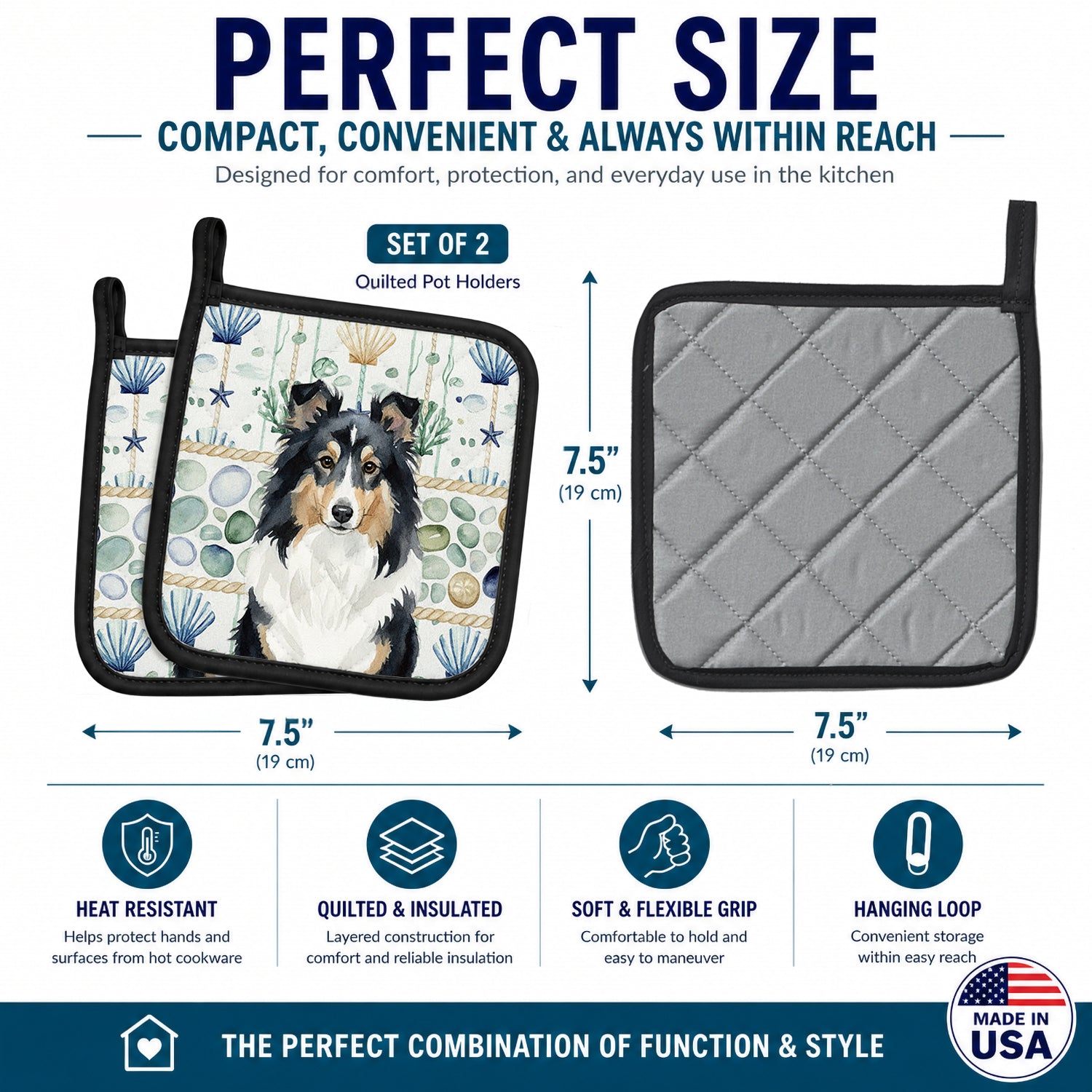 Tricolor Sheltie Coastal Sea Glass Pot Holder Set of 2 Heat Resistant Quilted Hot Pads 7.5 x 7.5 Inch, Insulated Kitchen Trivets for Cooking & Baking
