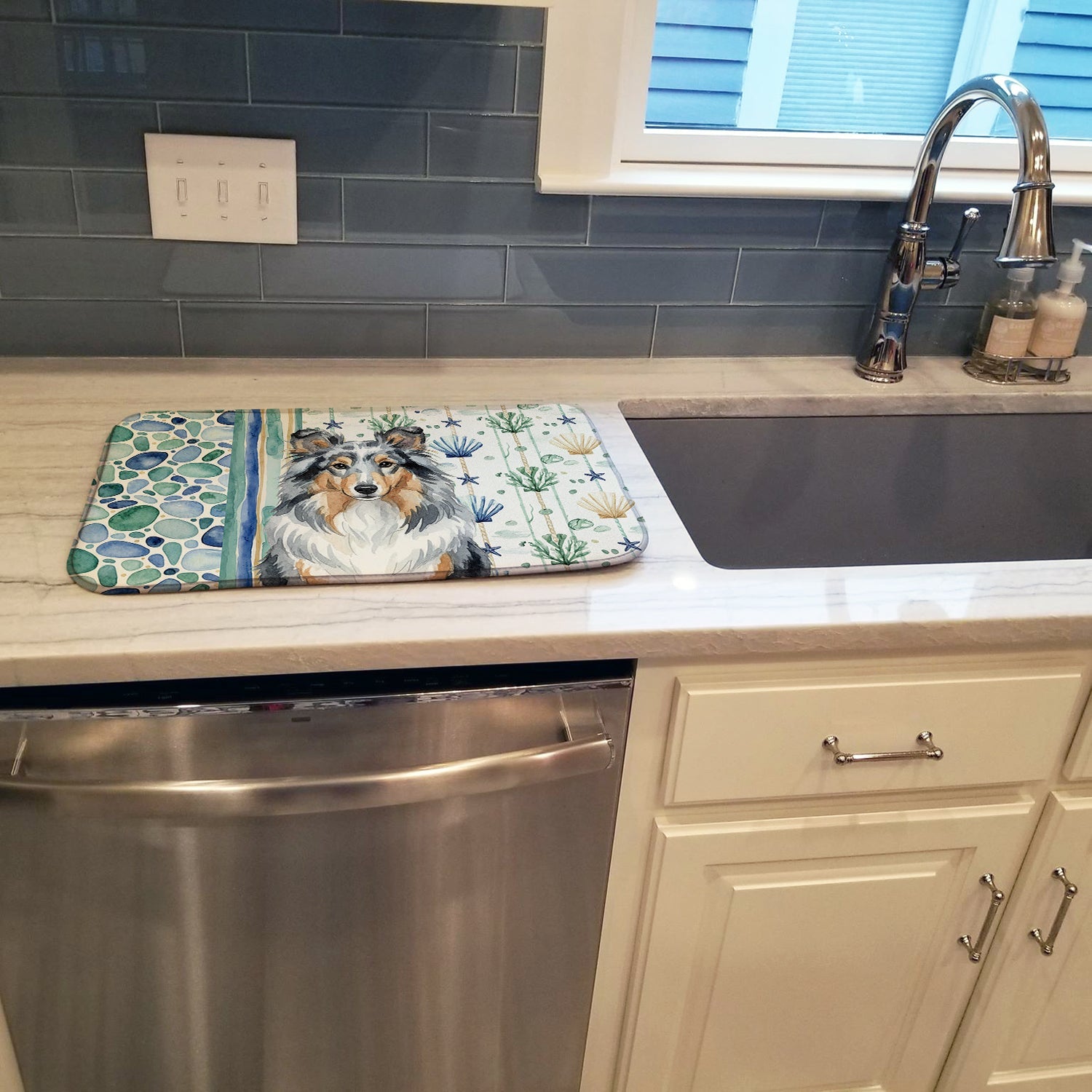 Blue Merle Sheltie Coastal Sea Glass Dish Drying Mat Absorbent Dish Drying Mat Pad for Kitchen Counter Dish Drainer Mat for Countertop, 14 x 21", Multicolor