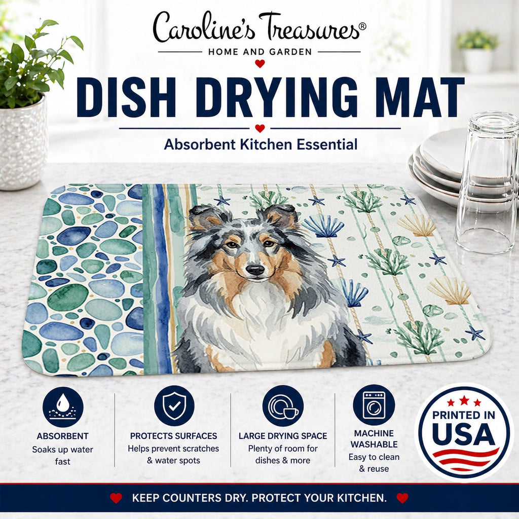 Blue Merle Sheltie Coastal Sea Glass Dish Drying Mat Absorbent Dish Drying Mat Pad for Kitchen Counter Dish Drainer Mat for Countertop, 14 x 21", Multicolor
