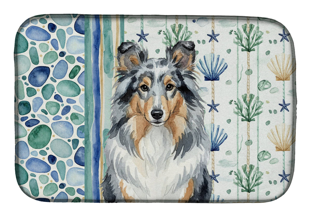 Blue Merle Sheltie Coastal Sea Glass Dish Drying Mat Absorbent Dish Drying Mat Pad for Kitchen Counter Dish Drainer Mat for Countertop, 14 x 21", Multicolor