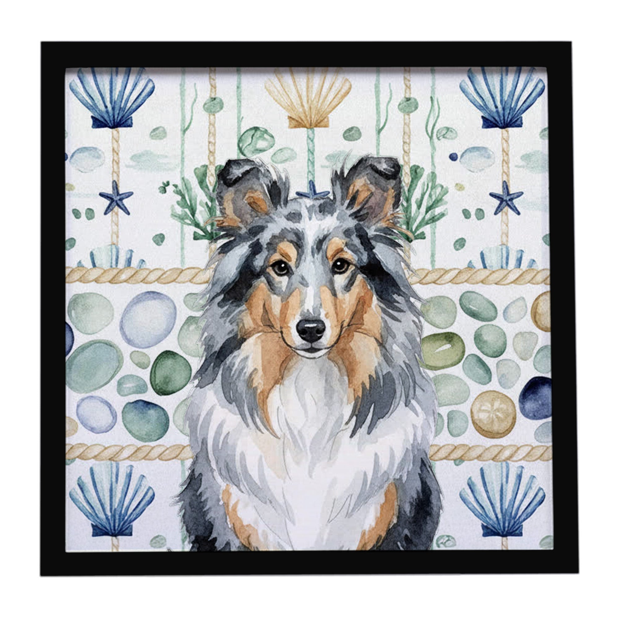 Blue Merle Sheltie Coastal Sea Glass Framed Metal Print Bathroom, Kitchen, Office, Home Decor Wall Art Ready to Hang, Square, 8X8