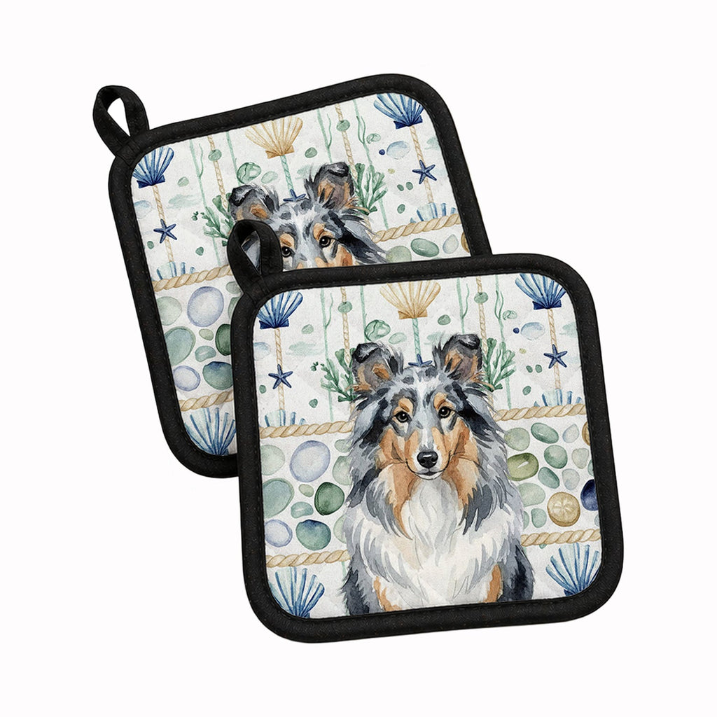 Blue Merle Sheltie Coastal Sea Glass Pot Holder Set of 2 Heat Resistant Quilted Hot Pads 7.5 x 7.5 Inch, Insulated Kitchen Trivets for Cooking & Baking