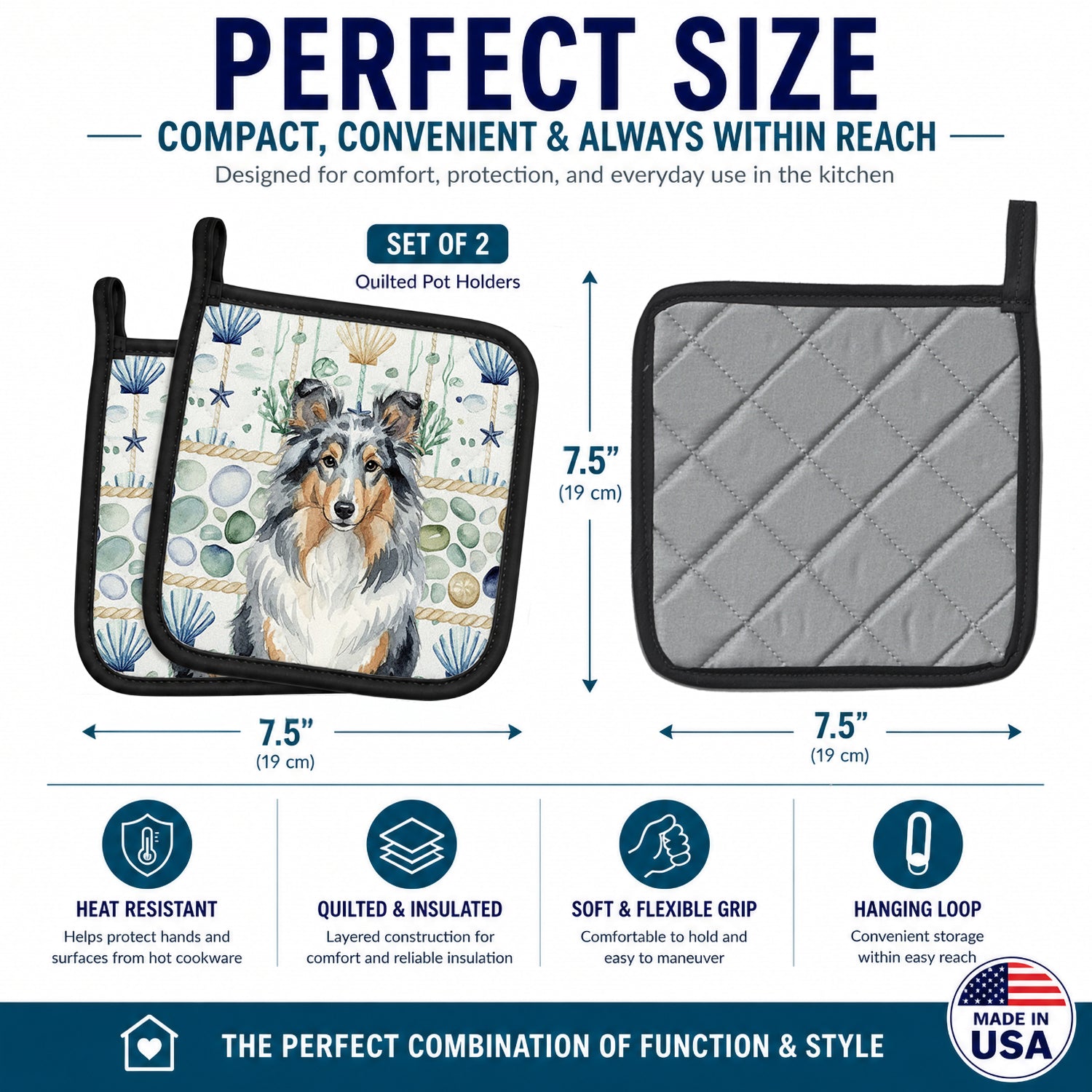 Blue Merle Sheltie Coastal Sea Glass Pot Holder Set of 2 Heat Resistant Quilted Hot Pads 7.5 x 7.5 Inch, Insulated Kitchen Trivets for Cooking & Baking