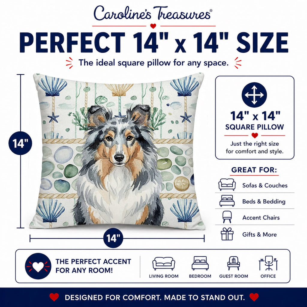 Blue Merle Sheltie Coastal Sea Glass Decorative Throw Pillow 14x14 Indoor Outdoor Accent Cushion, Fabric Cover with Insert for Sofa, Bed, Porch & Living Room