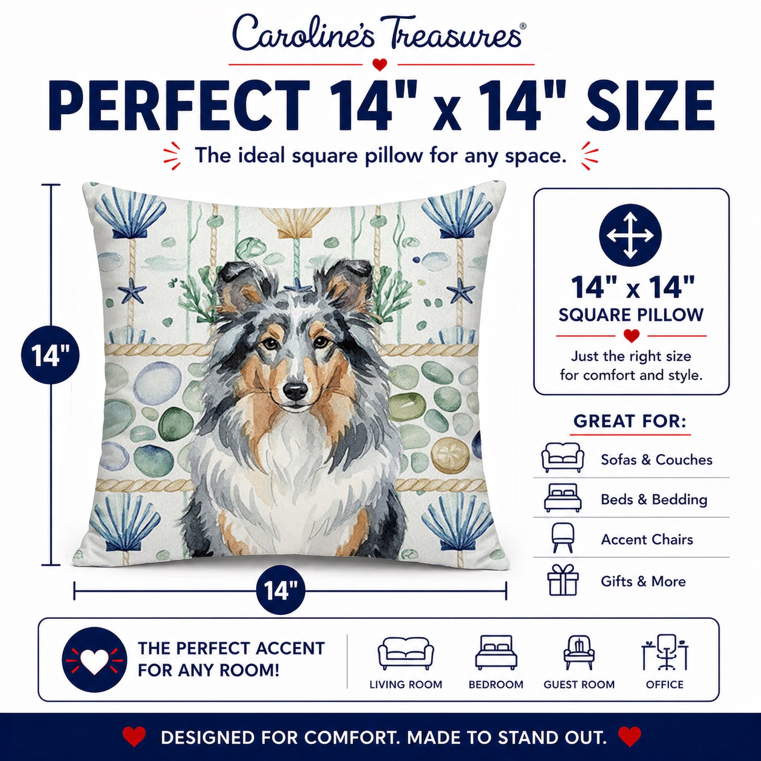 Blue Merle Sheltie Coastal Sea Glass Decorative Throw Pillow 14x14 Indoor Outdoor Accent Cushion, Fabric Cover with Insert for Sofa, Bed, Porch & Living Room