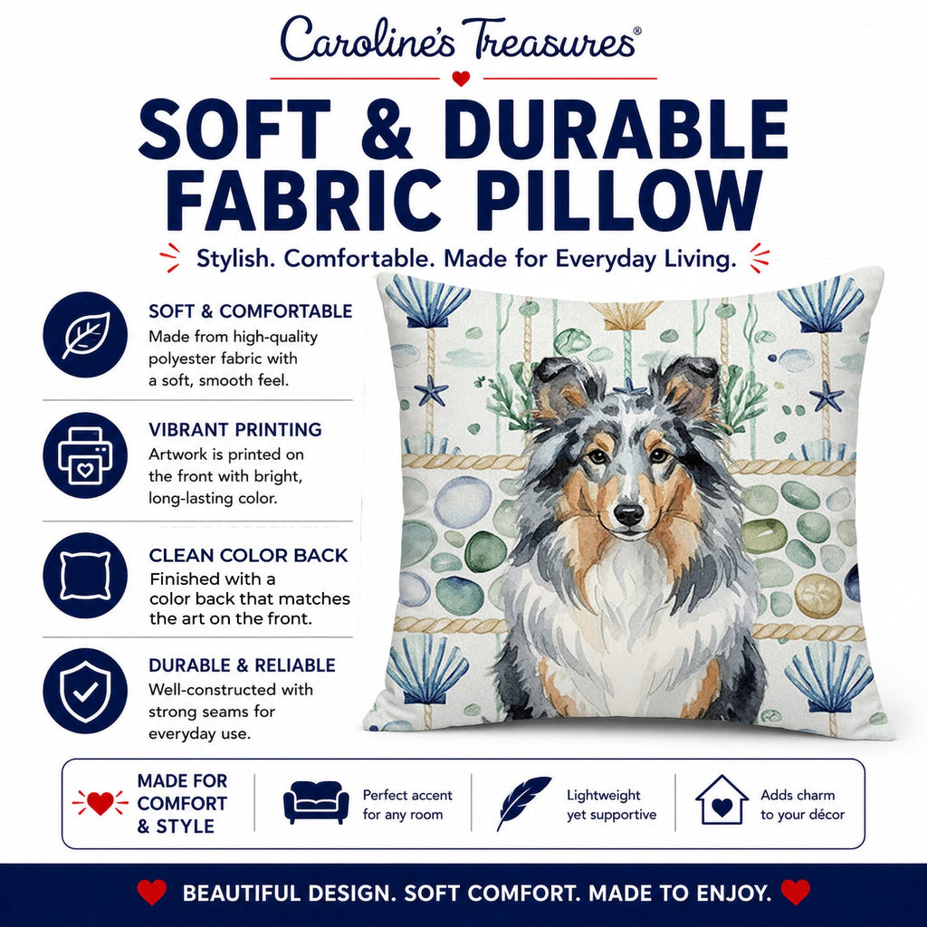 Blue Merle Sheltie Coastal Sea Glass Decorative Throw Pillow 18x18 Indoor Outdoor Accent Cushion, Fabric Cover with Insert for Sofa, Bed, Porch & Living Room