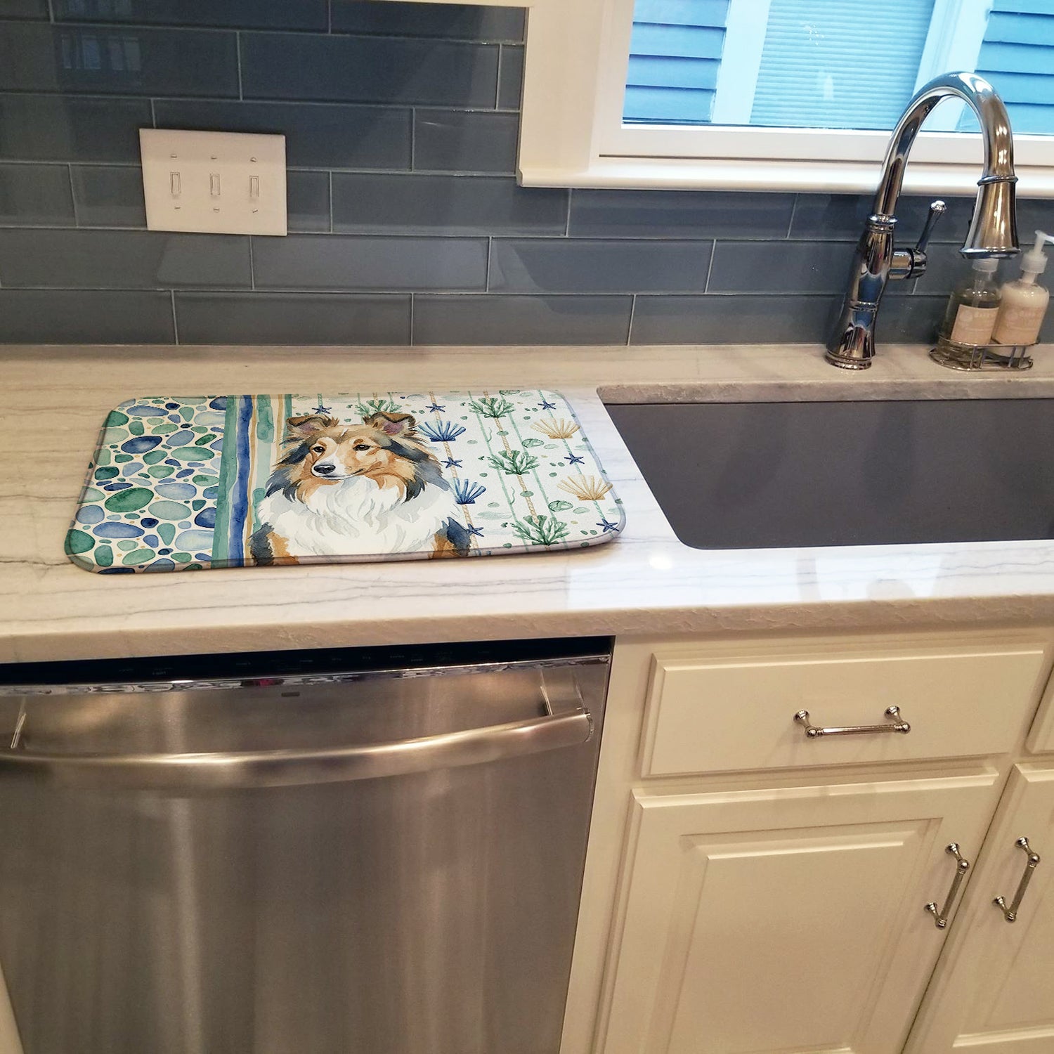 Sable Sheltie Coastal Sea Glass Dish Drying Mat Absorbent Dish Drying Mat Pad for Kitchen Counter Dish Drainer Mat for Countertop, 14 x 21", Multicolor