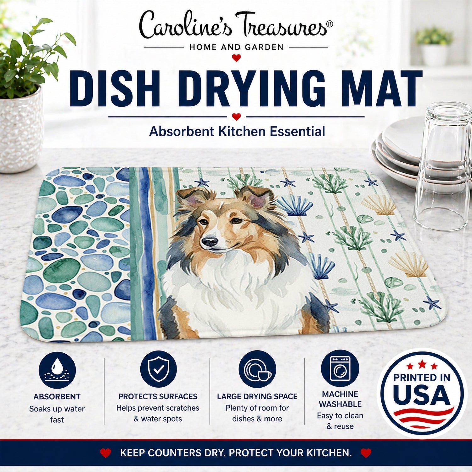 Sable Sheltie Coastal Sea Glass Dish Drying Mat Absorbent Dish Drying Mat Pad for Kitchen Counter Dish Drainer Mat for Countertop, 14 x 21", Multicolor