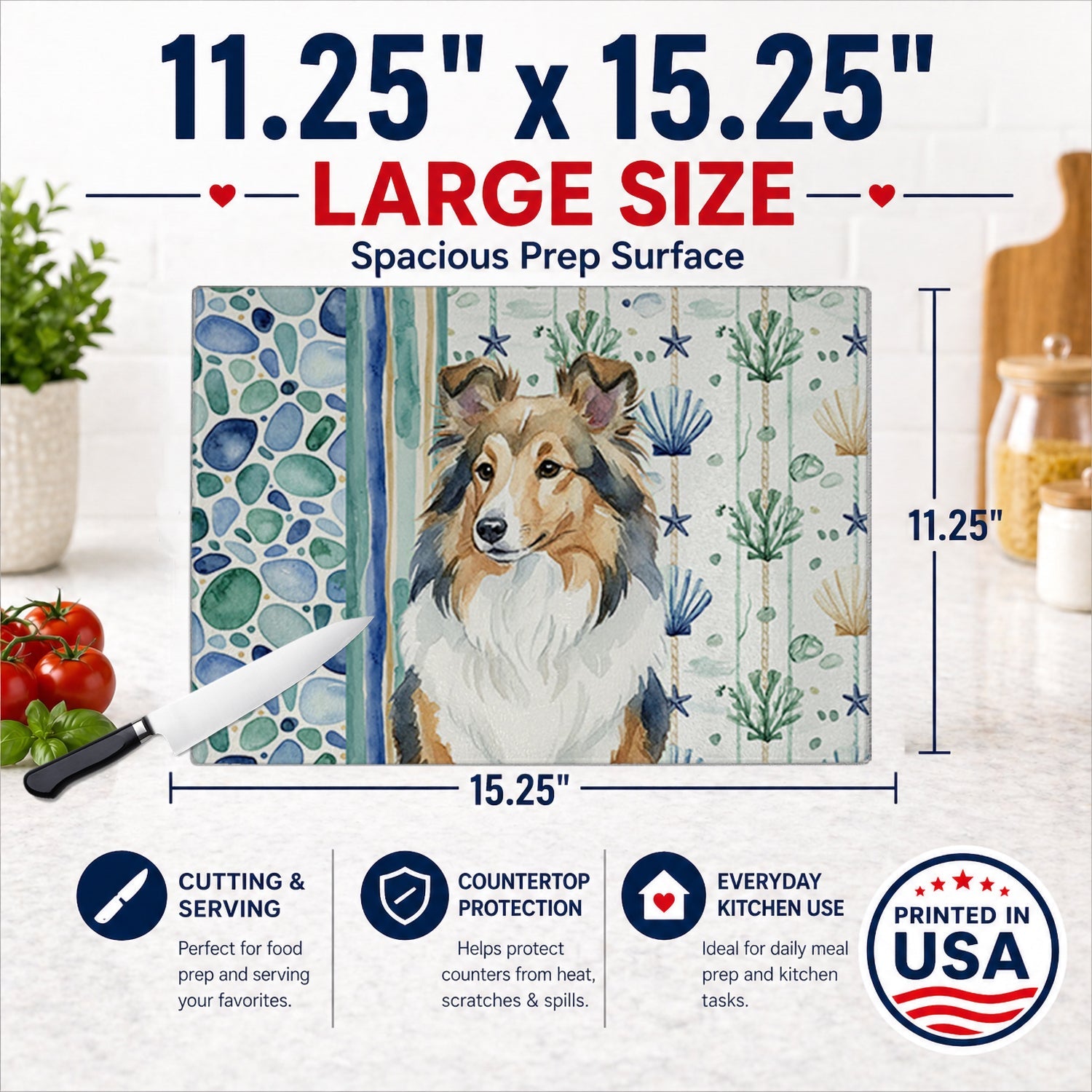 Sable Sheltie Coastal Sea Glass Cutting Board Tempered Glass Kitchen Cutting Surface, Heat Resistant Chopping, Non-Slip Feet, Food Prep & Serving