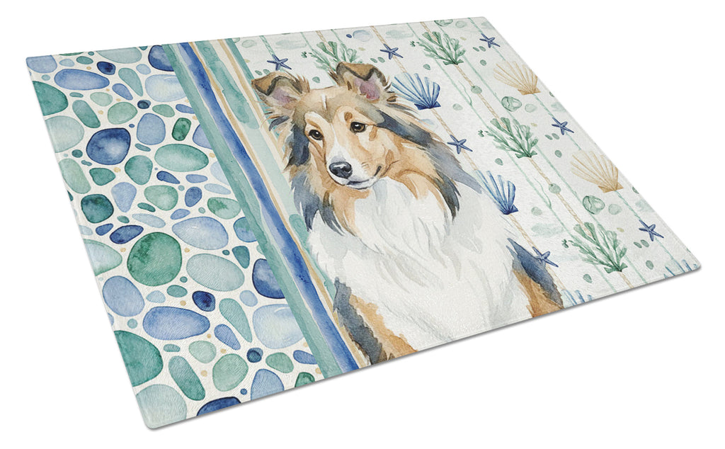 Sable Sheltie Coastal Sea Glass Cutting Board Tempered Glass Kitchen Cutting Surface, Heat Resistant Chopping, Non-Slip Feet, Food Prep & Serving