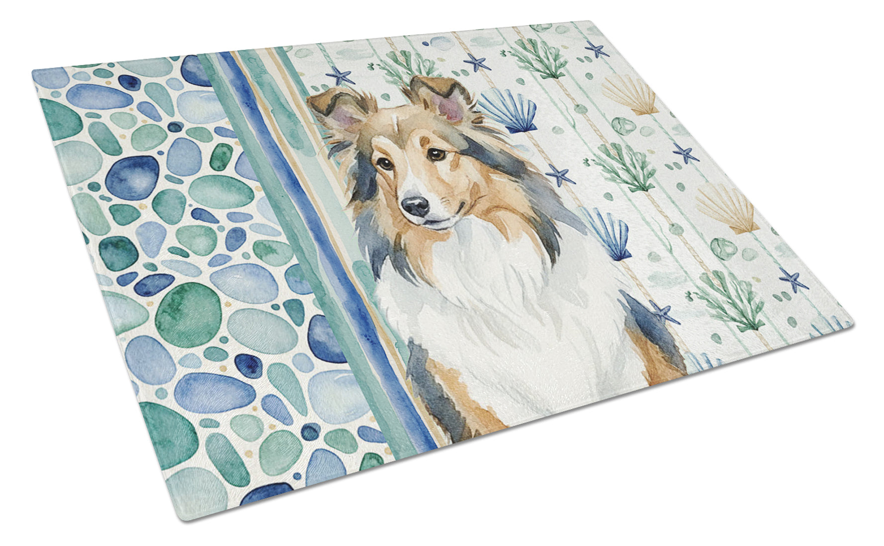 Sable Sheltie Coastal Sea Glass Cutting Board Tempered Glass Kitchen Cutting Surface, Heat Resistant Chopping, Non-Slip Feet, Food Prep & Serving