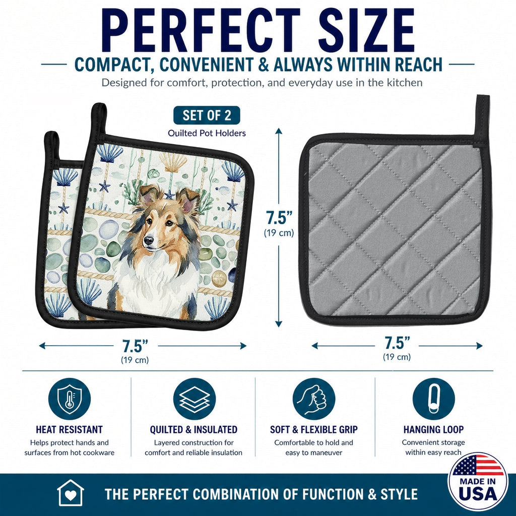 Sable Sheltie Coastal Sea Glass Pot Holder Set of 2 Heat Resistant Quilted Hot Pads 7.5 x 7.5 Inch, Insulated Kitchen Trivets for Cooking & Baking