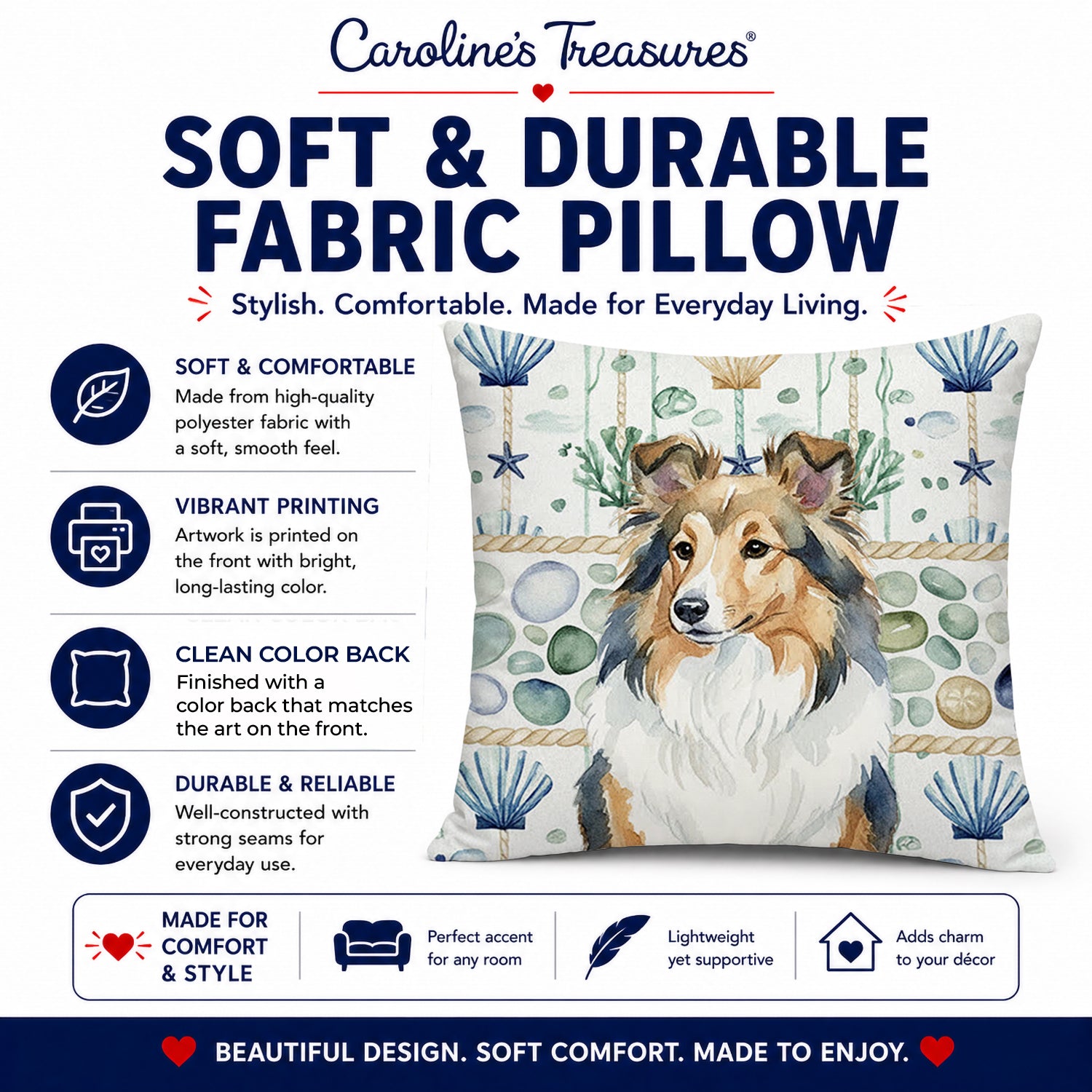 Sable Sheltie Coastal Sea Glass Decorative Throw Pillow 14x14 Indoor Outdoor Accent Cushion, Fabric Cover with Insert for Sofa, Bed, Porch & Living Room