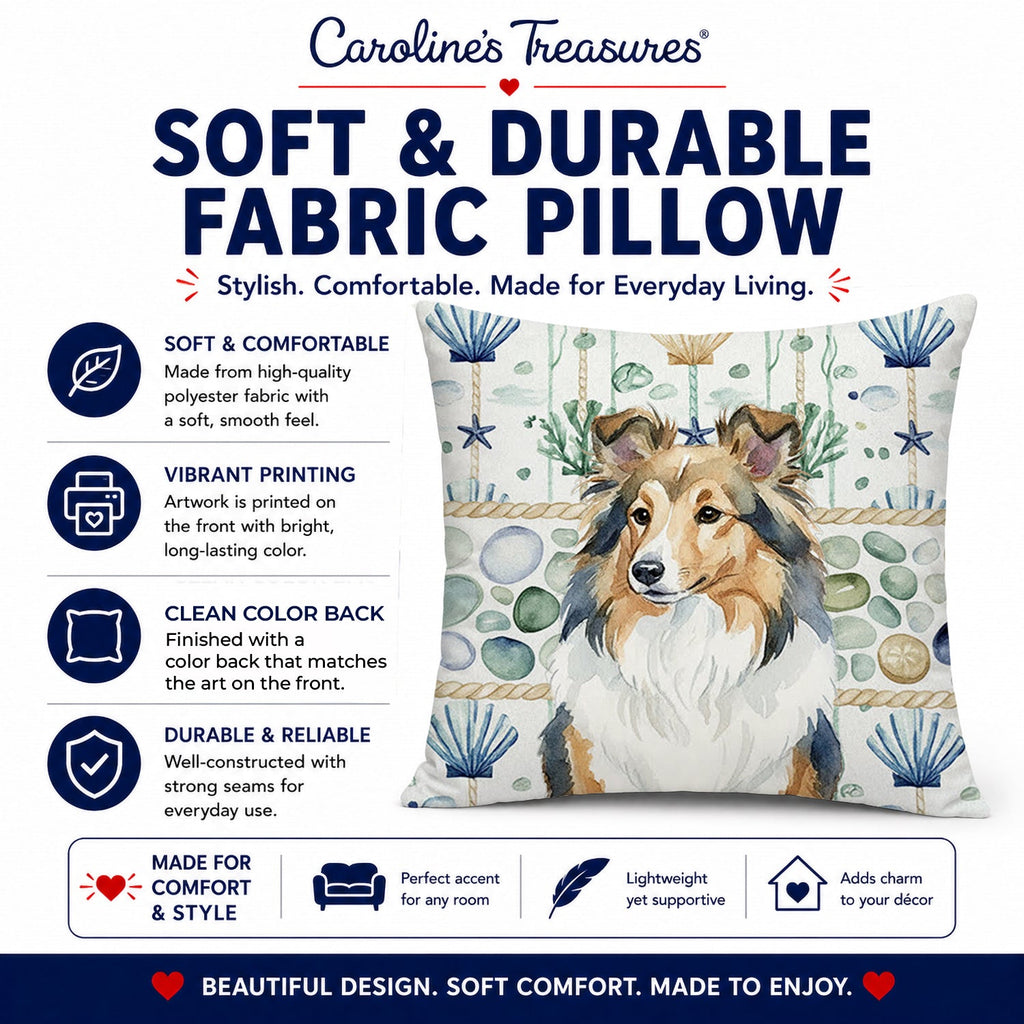 Sable Sheltie Coastal Sea Glass Decorative Throw Pillow 18x18 Indoor Outdoor Accent Cushion, Fabric Cover with Insert for Sofa, Bed, Porch & Living Room