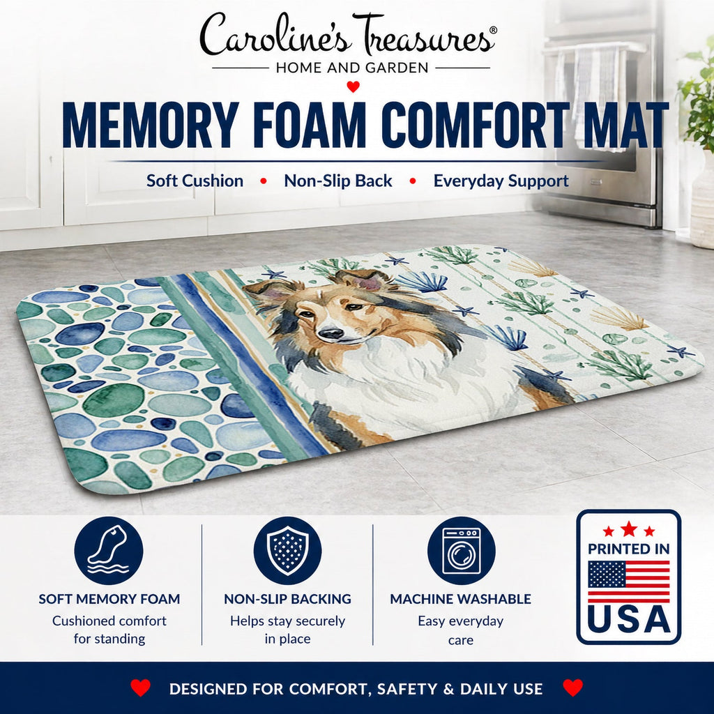 Sable Sheltie Coastal Sea Glass Memory Foam Kitchen Mat Machine Washable Anti-Fatigue Cushion Comfort Bath or Kitchen Rug