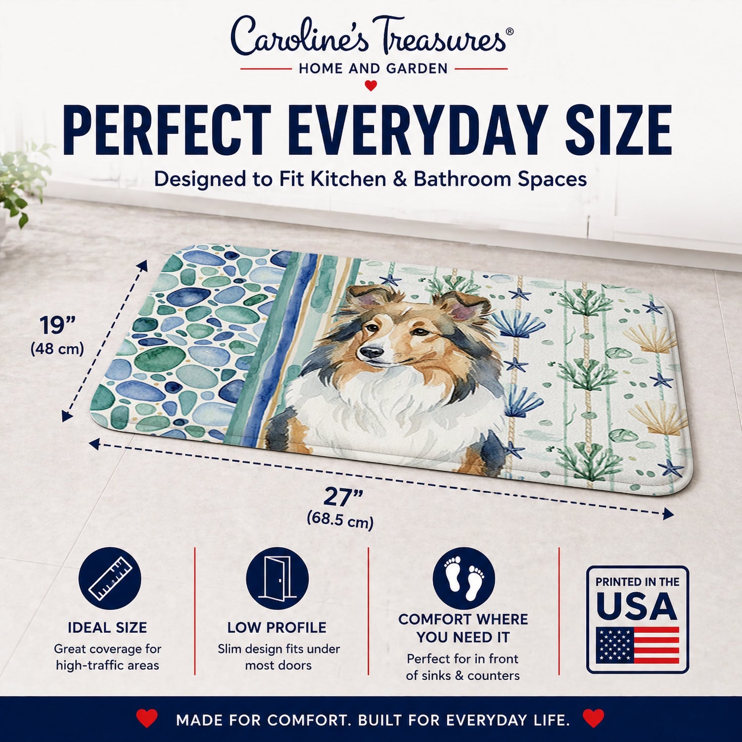 Sable Sheltie Coastal Sea Glass Memory Foam Kitchen Mat Machine Washable Anti-Fatigue Cushion Comfort Bath or Kitchen Rug