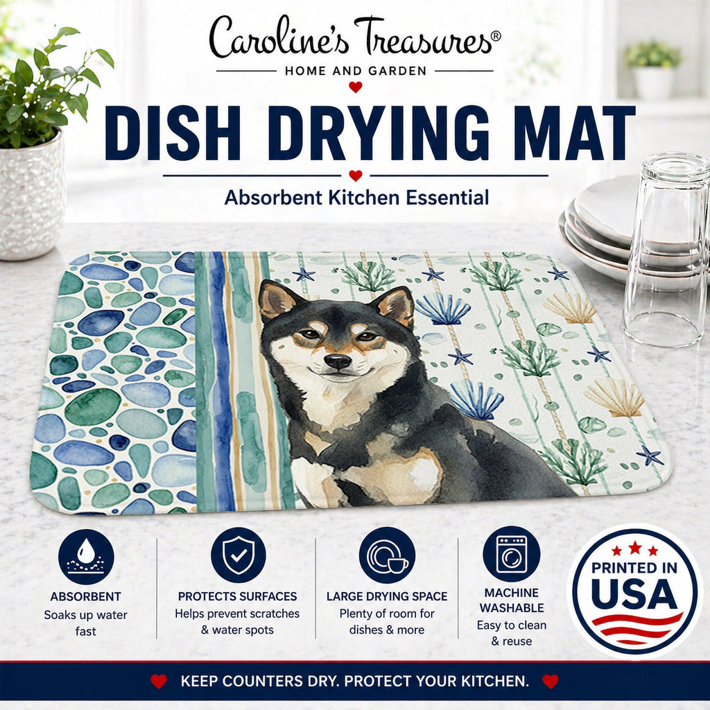Black and Tan Shiba Inu Coastal Sea Glass Dish Drying Mat Absorbent Dish Drying Mat Pad for Kitchen Counter Dish Drainer Mat for Countertop, 14 x 21", Multicolor
