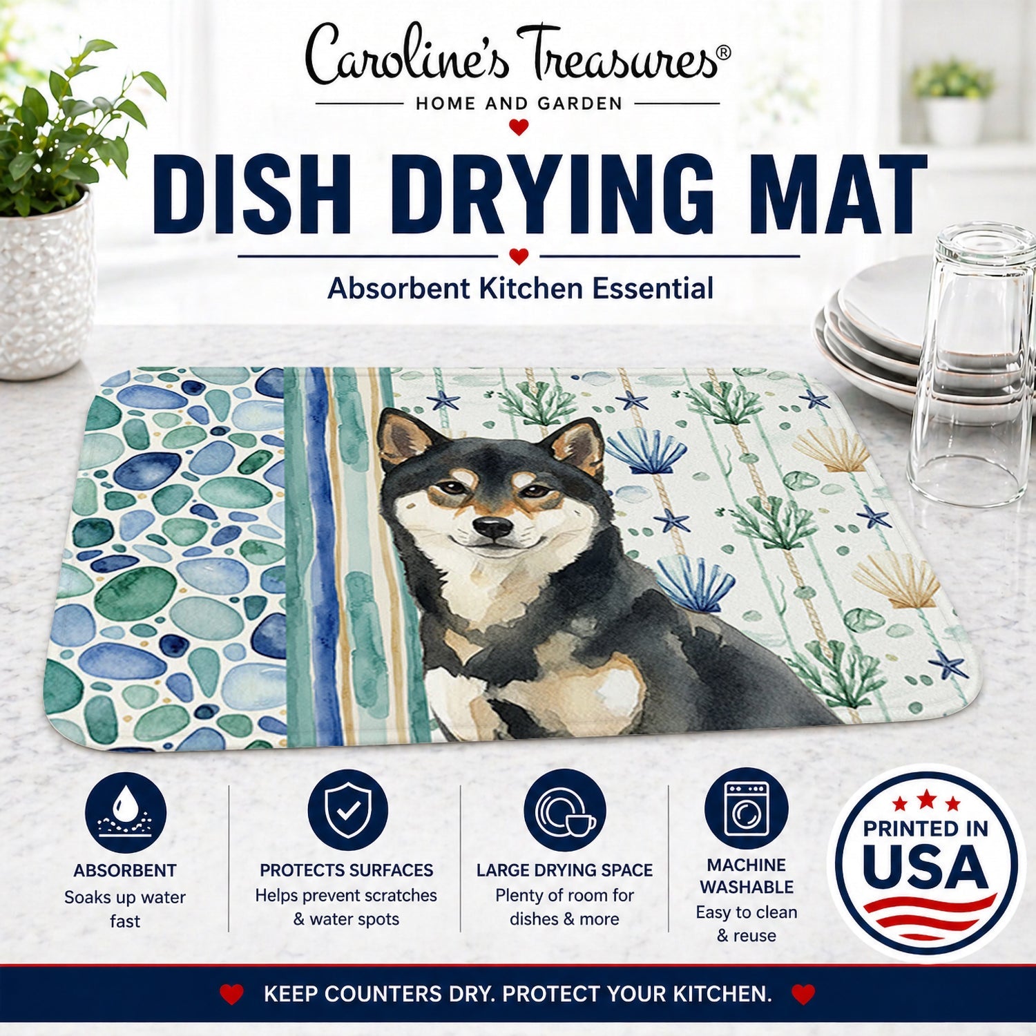 Black and Tan Shiba Inu Coastal Sea Glass Dish Drying Mat Absorbent Dish Drying Mat Pad for Kitchen Counter Dish Drainer Mat for Countertop, 14 x 21", Multicolor