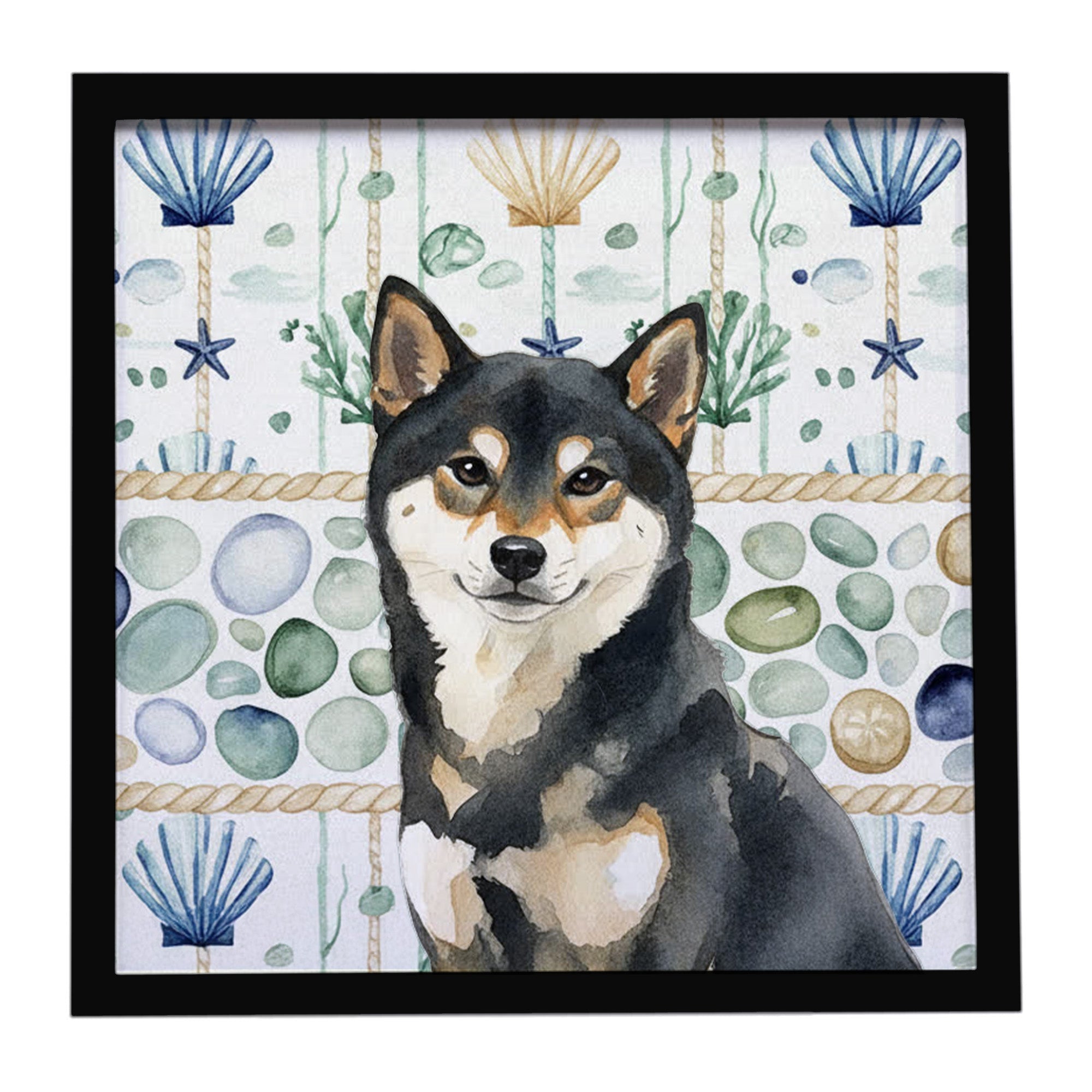 Black and Tan Shiba Inu Coastal Sea Glass Framed Metal Print Bathroom, Kitchen, Office, Home Decor Wall Art Ready to Hang, Square, 8X8