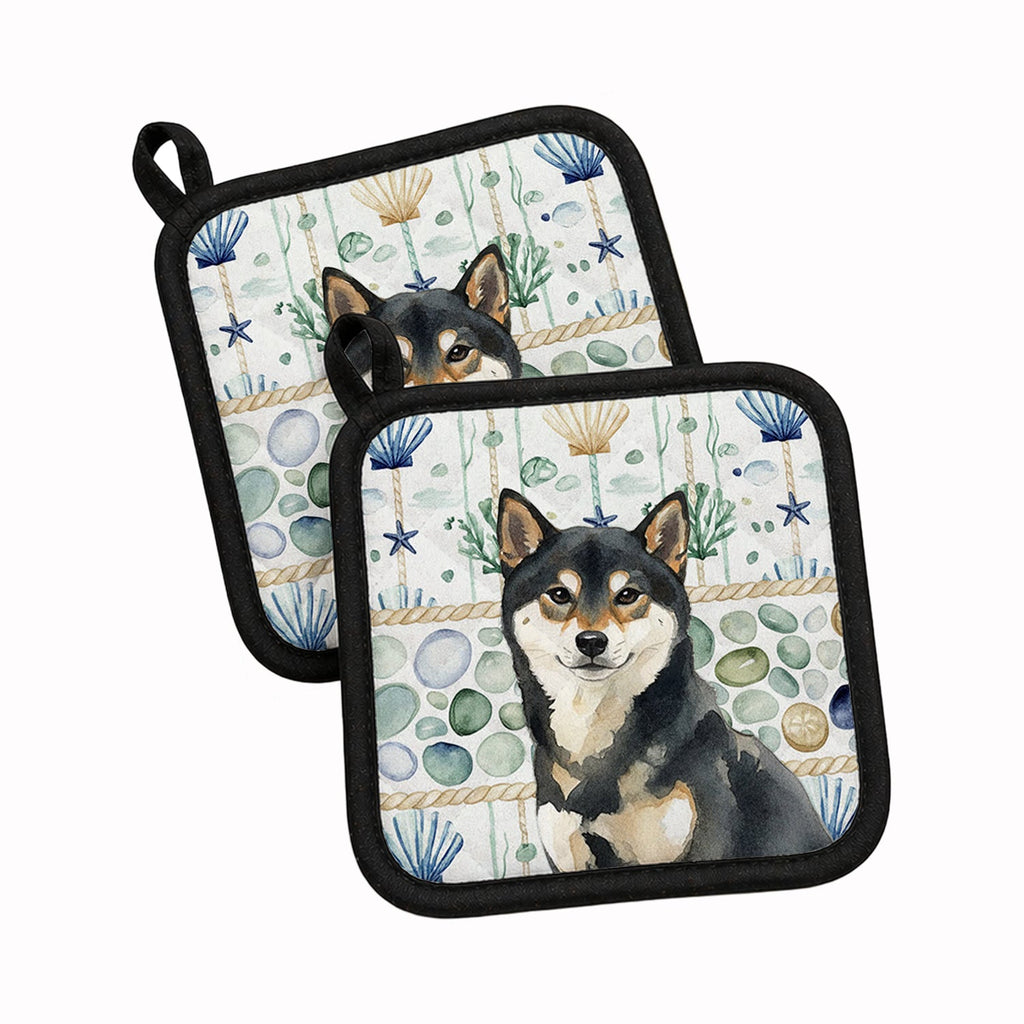 Black and Tan Shiba Inu Coastal Sea Glass Pot Holder Set of 2 Heat Resistant Quilted Hot Pads 7.5 x 7.5 Inch, Insulated Kitchen Trivets for Cooking & Baking