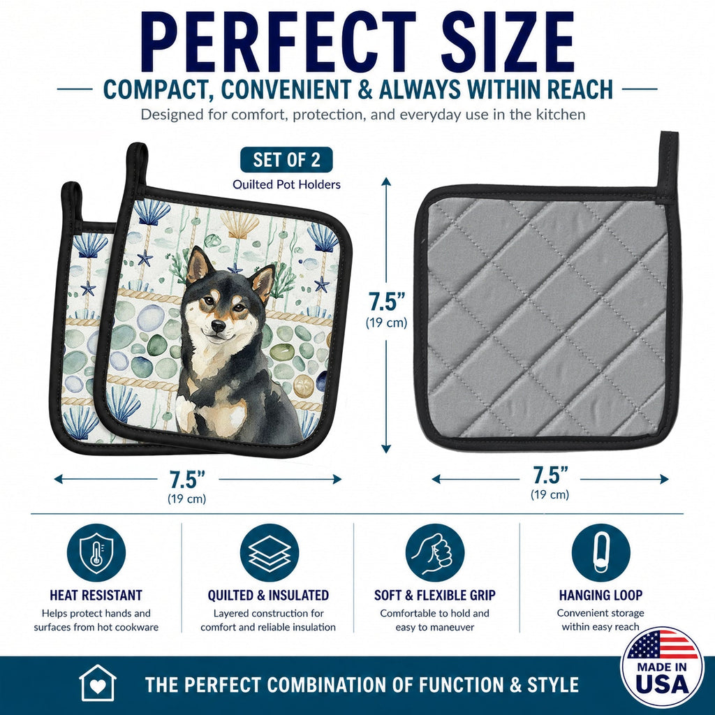 Black and Tan Shiba Inu Coastal Sea Glass Pot Holder Set of 2 Heat Resistant Quilted Hot Pads 7.5 x 7.5 Inch, Insulated Kitchen Trivets for Cooking & Baking