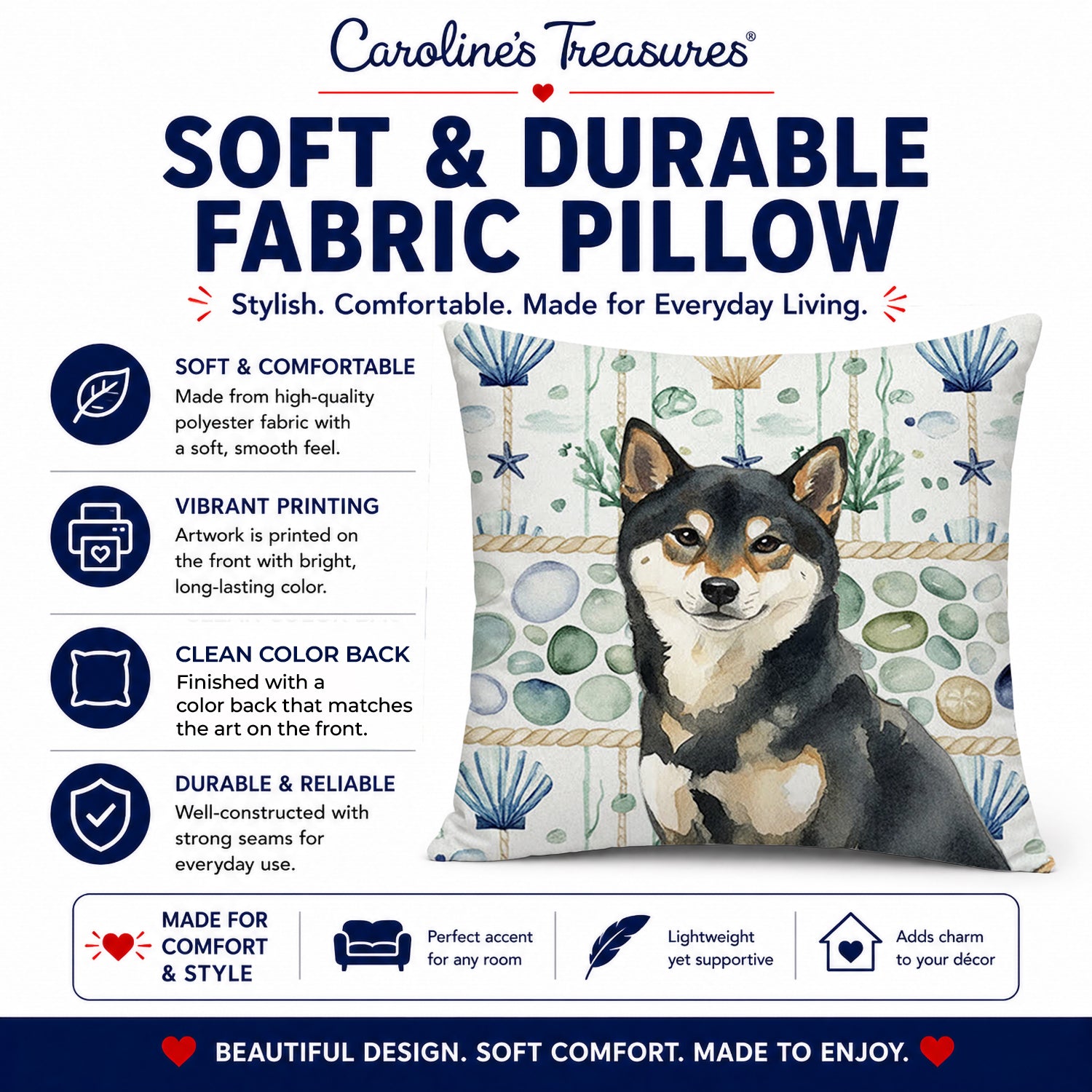 Black and Tan Shiba Inu Coastal Sea Glass Decorative Throw Pillow 18x18 Indoor Outdoor Accent Cushion, Fabric Cover with Insert for Sofa, Bed, Porch & Living Room