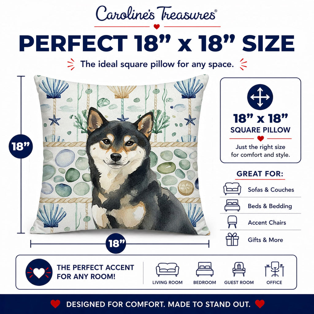 Black and Tan Shiba Inu Coastal Sea Glass Decorative Throw Pillow 18x18 Indoor Outdoor Accent Cushion, Fabric Cover with Insert for Sofa, Bed, Porch & Living Room